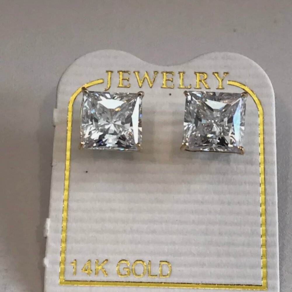 HUGE 14K SOLID GOLD STUD EARRINGS W/ 3 CT SIMULATED DIAMONDS PRINCESS CUT